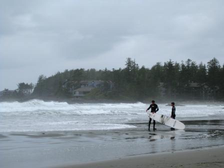 surf's up on Chesterman Beach, with The Wick in the background
