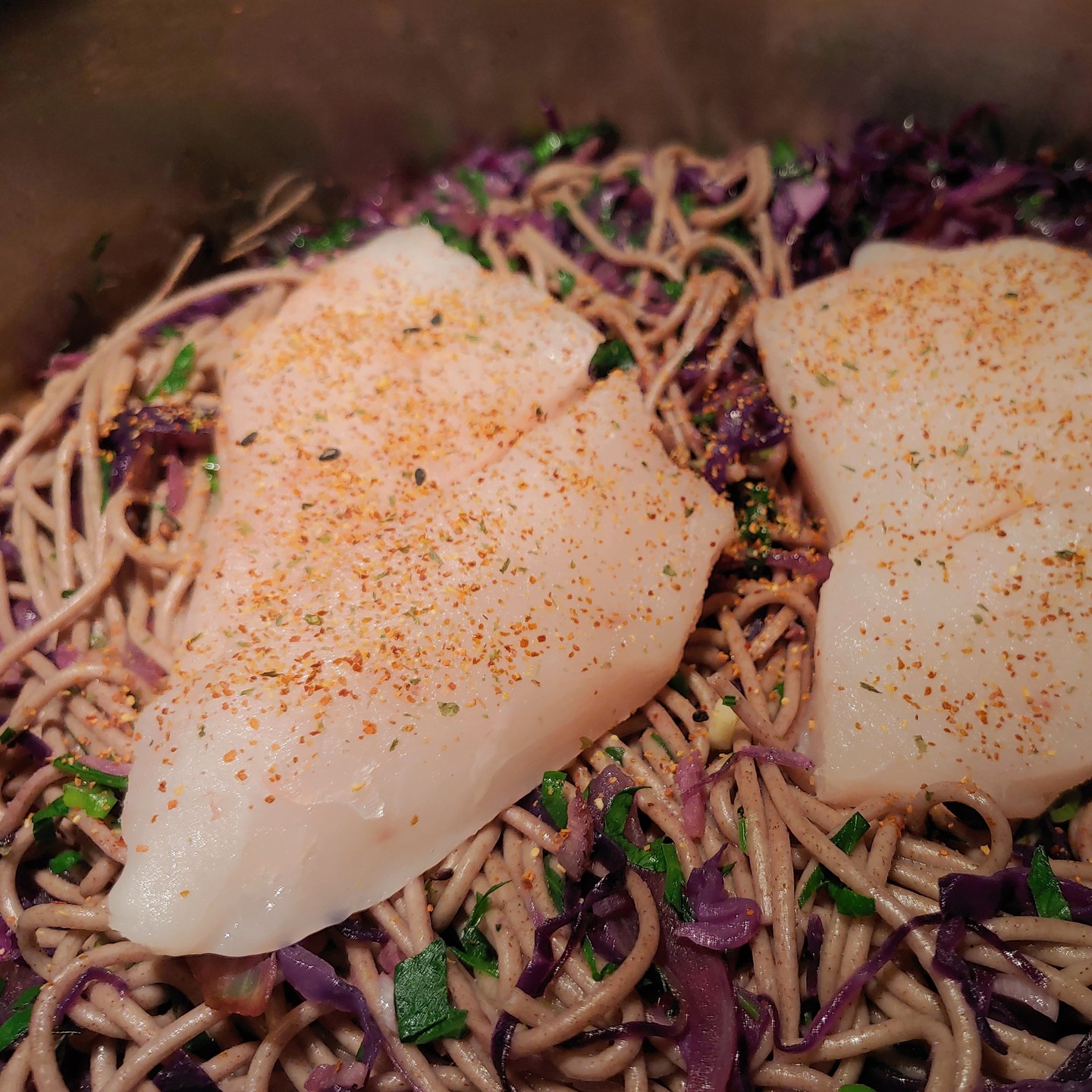 A #latergram from dinner one night last week. Friends gifted us some gorgeous rockfish, part of their catch from an Alaska trip last summer. Cooked on a bed of soba noodles with red cabbage, onion, ginger--a dusting of shichimi togarashi over all. Yep, that was pretty delicious. Will play around with that again. #homecooking #wingingit #rockfish #eatmoreseafood #seafoodsavvy
